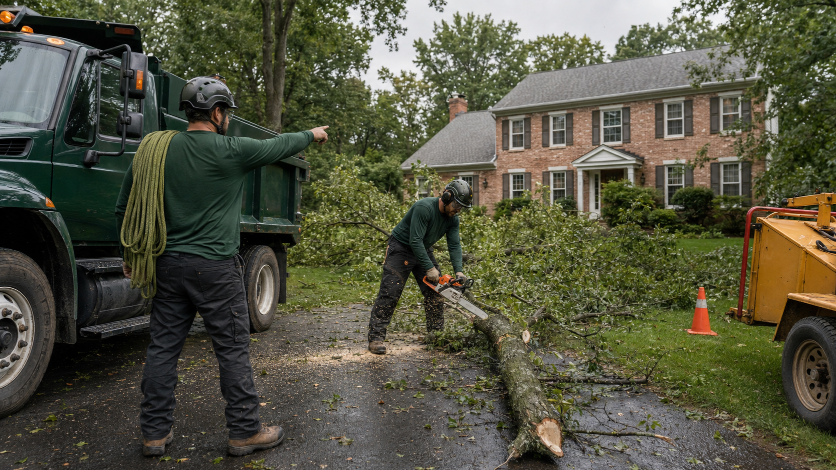 Green Team crew cutting fallen tree after storm damage at residential property